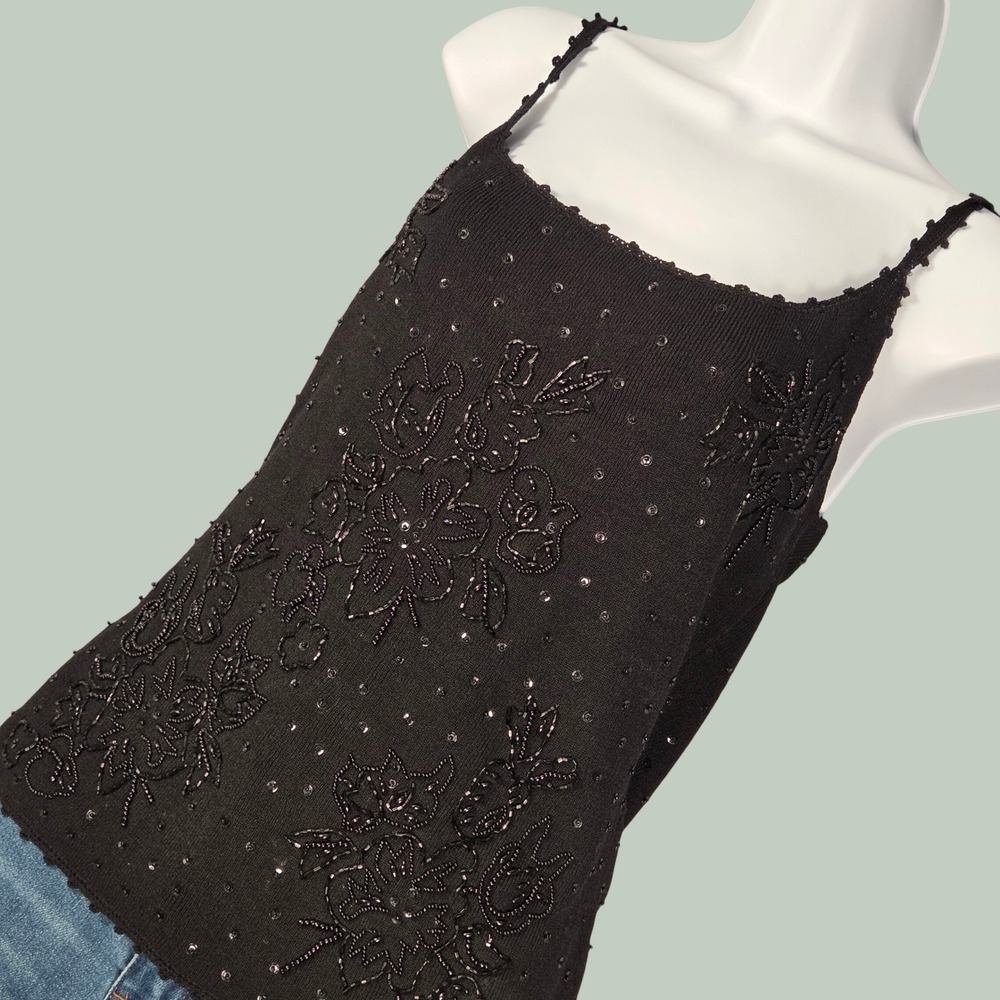 Vintage DKNY Women Large All Over Beaded Floral Knit Cami Top Black Heavy 90s